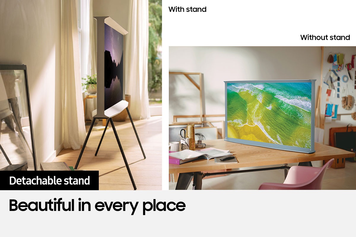 First, The Serif is on a stand with the words 'With stand.' Second, The Serif is on a table with the words 'Without stand.'