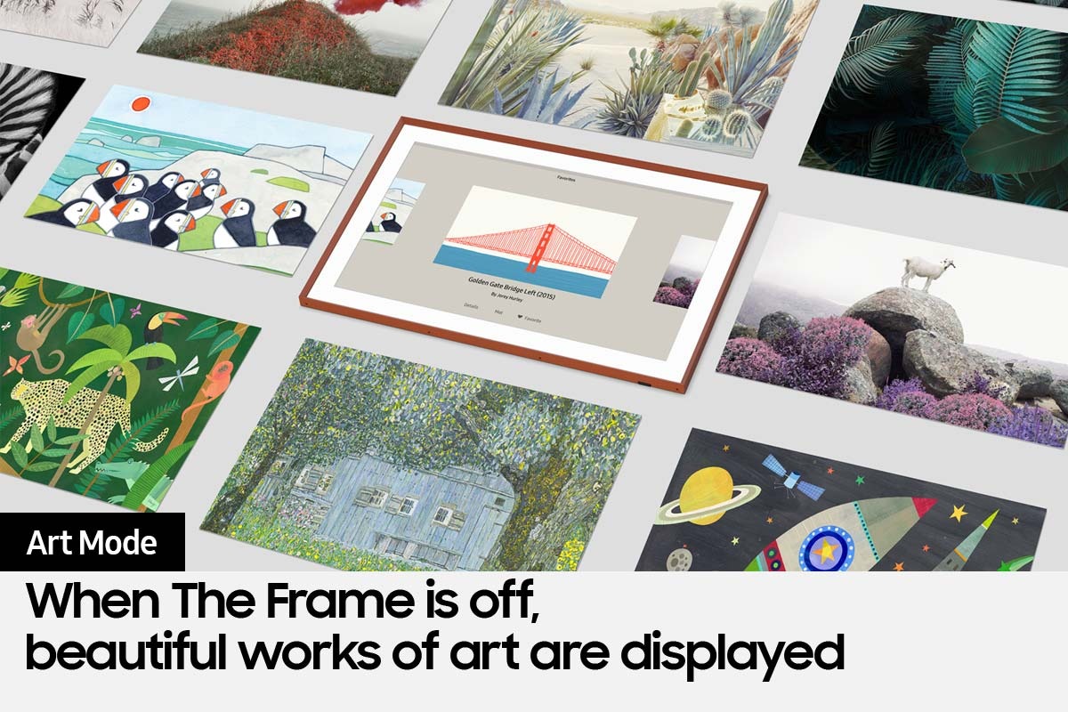 Art Mode user interface image shows bridge and water picture being selected among various other artwork choices.