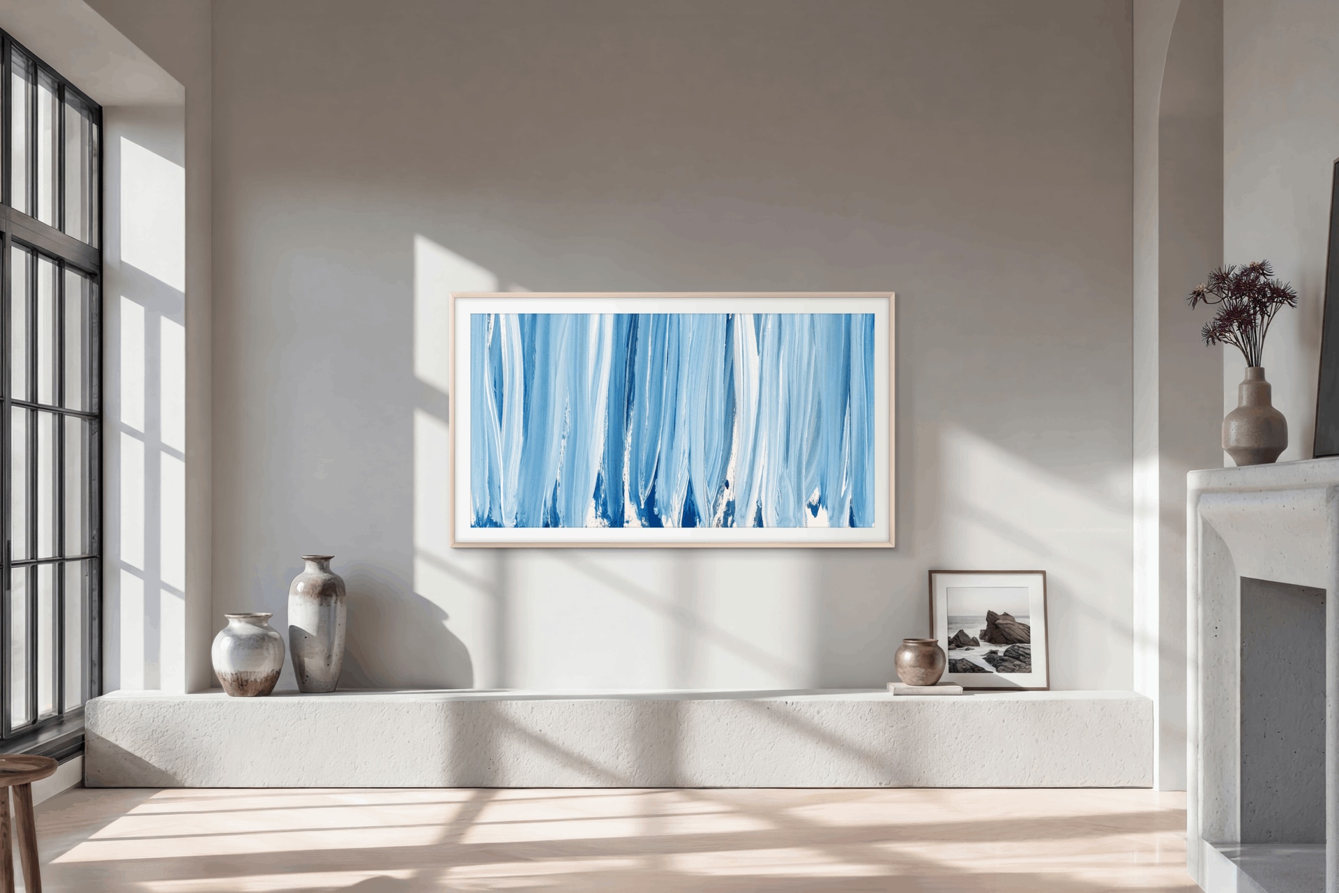 65" The Frame Pro LS03HW 4K Samsung Vision AI Smart TV (2026) Lifestyle-Image Black Modern Frame Design with Wireleess One Connect