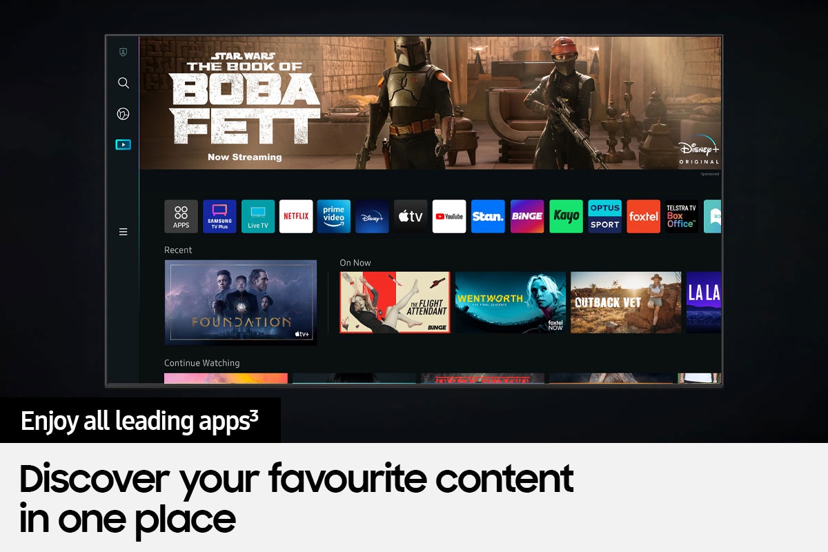 Neo QLED Q60B with The new Samsung Smart TV UI shows a wide variety of leading apps and contents