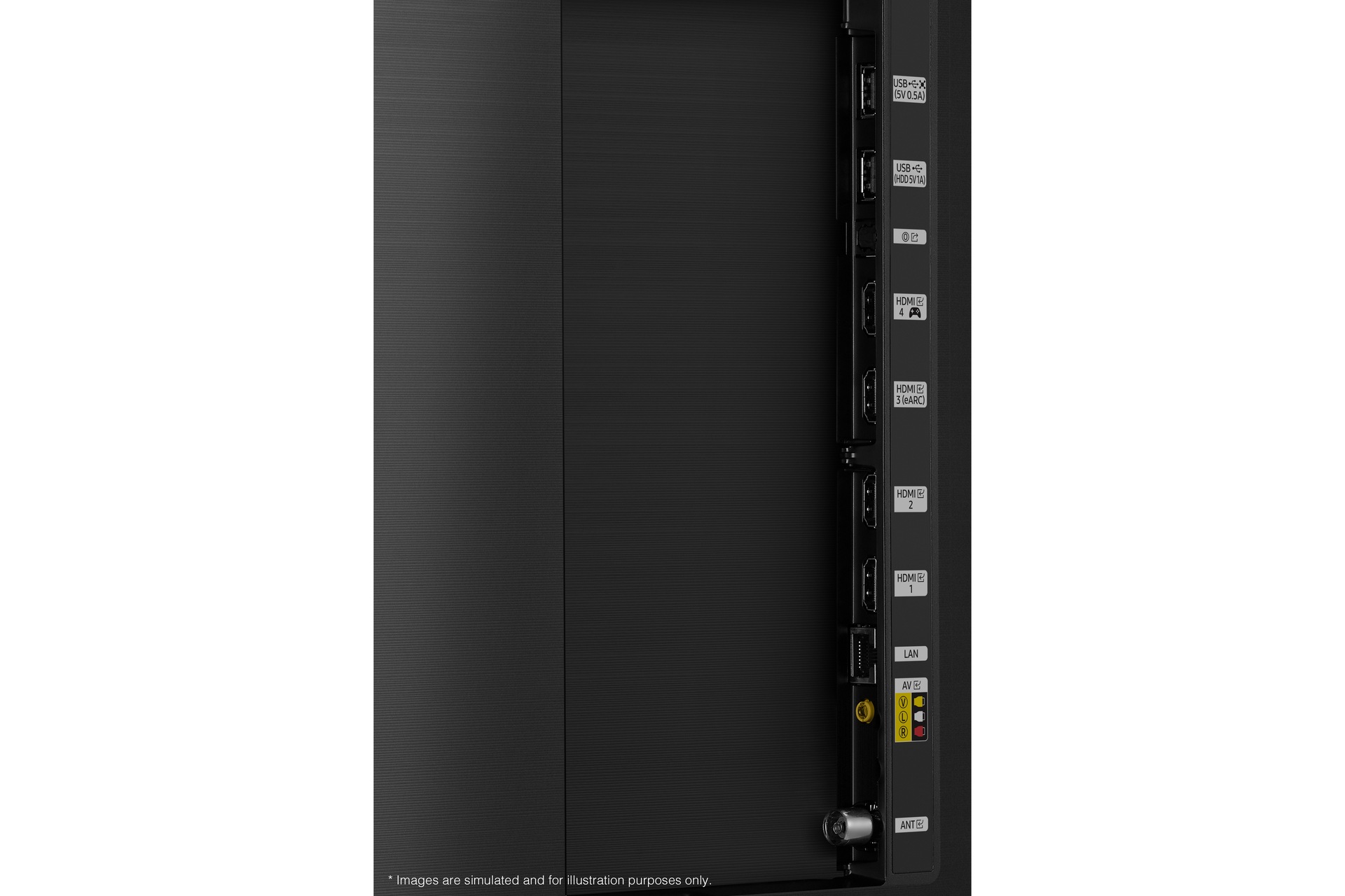 Samsung 2021 QLED Q80A has USB, HDMI, LAN, antenna ports and etc. on the side.