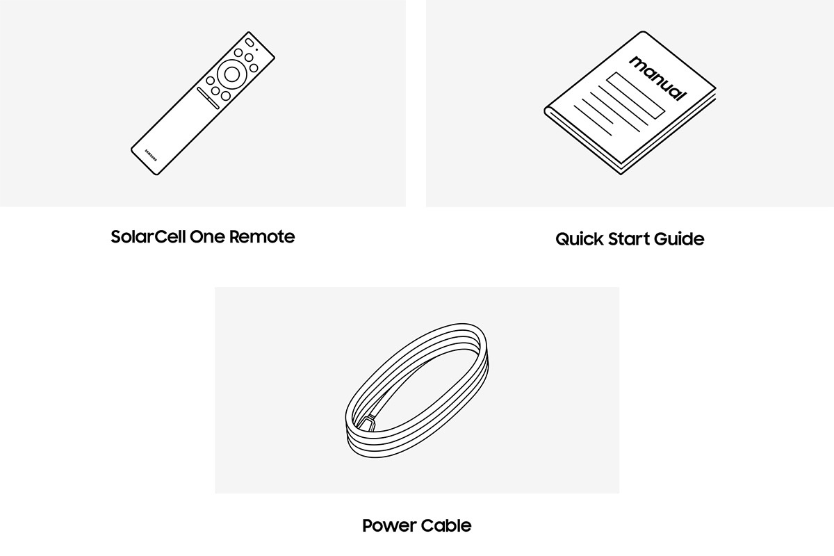 QA65S90CAWXXY Samsung 2023 s90c box contains remote control, batteries, power cable, and manual.