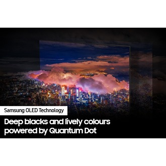 A city lit up by bright lights is on display. The colours and lights are vivid as OLED lights portray through the QD screen.