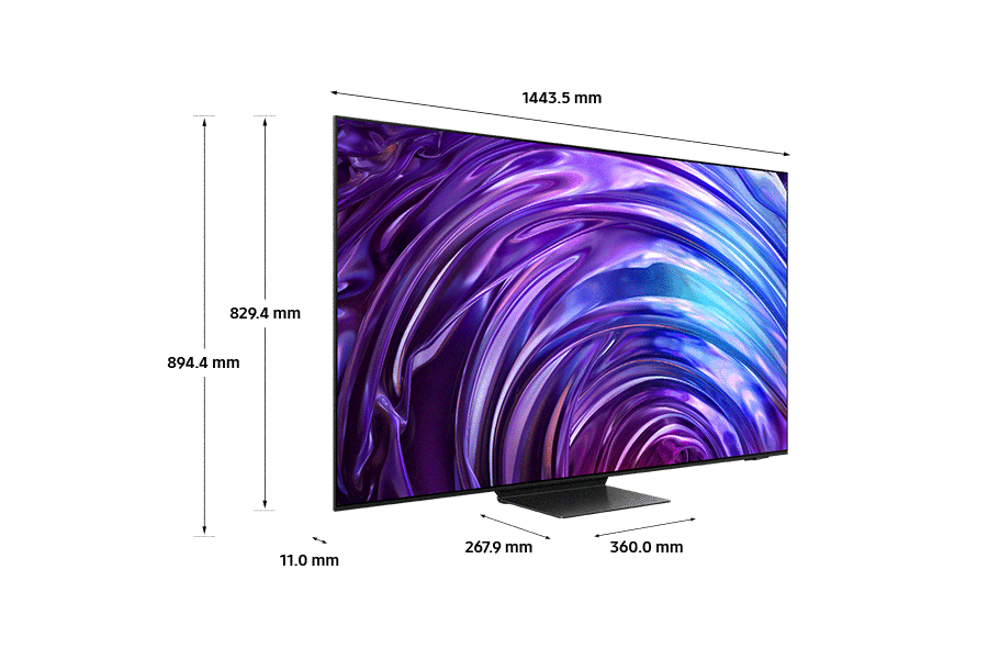Dimension of Samsung OLED TV S95D (1443.5 x 894.4 x 11 mm) with  black slim OC stand.