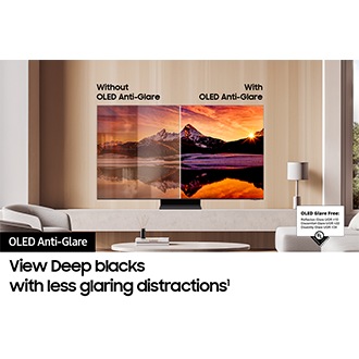 Samsung OLED in a modern living room with its screen divided into "Without OLED Anti-Glare" and "With OLED Anti-Glare" for comparison. "Without OLED Anti-Glare" side reflects lights obstructing the onscreen image. "With OLED Anti-Glare" side has a clean, unobstructed view of the onscreen image. OLED Glare Free: Reflection Glare UGR <10. Discomfort Glare UGR <22. Disability Glare UGR <34.