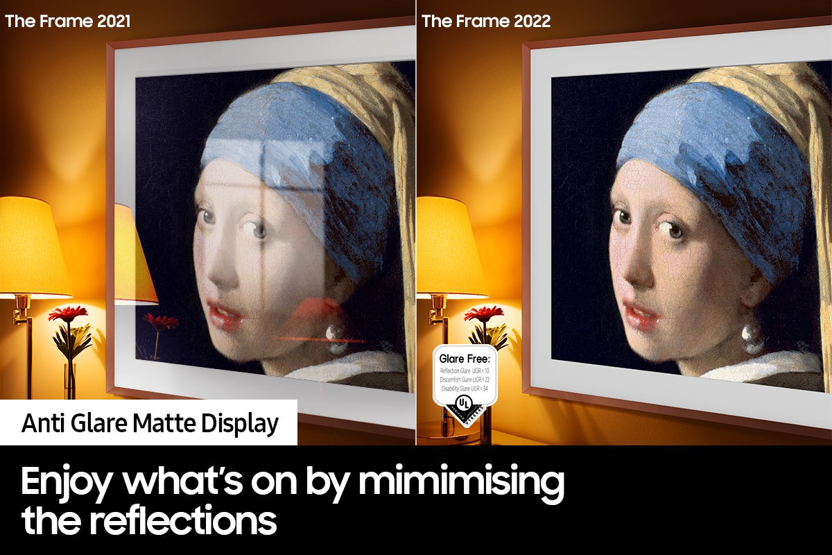 The left side of the screen with the word The Frame 2022 shows The Frame displaying an artwork with reflections. The right side with the words The Frame 2022 shows The Frame with the same painting that has minimised glare and a glare-free certified logo on the bottom left.