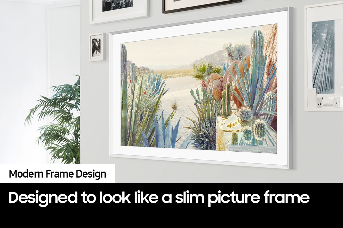 The Frame is hanging on the wall along with other picture frames, which makes The Frame look like an artwork on the wall. 