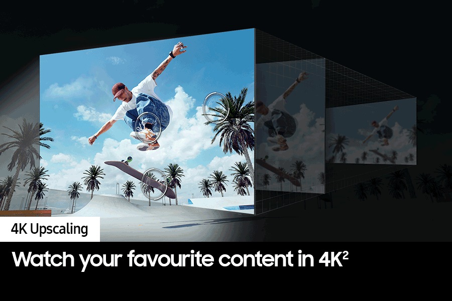 4K Upscaling technology works behind the scenes to optimise the details of an airborne skateboarder into great clarity.