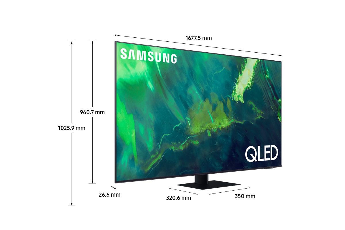 Dimension of Samsung QLED TV (1677.5 x 1025.9 x 320.6 mm) Q70A with black center stand