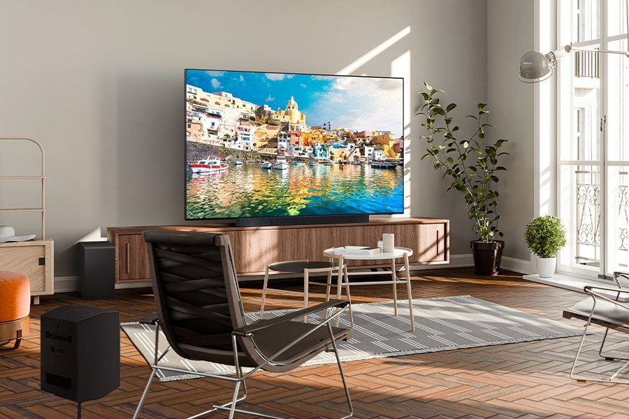 QN800D on a console in a stylish living room.