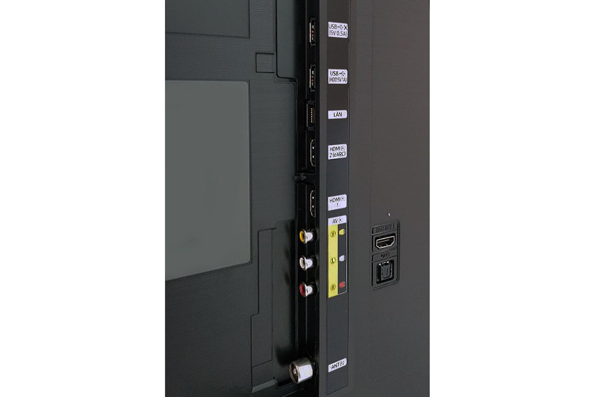 Samsung 2021 QLED Q60A has USB, HDMI, LAN, antenna ports and etc. on the side and on the rear.