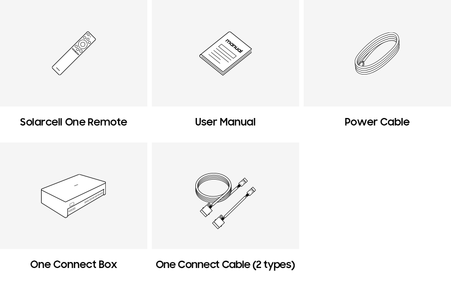 Samsung 2024 Neo QLED 8K QN900D accessories provided include One Connect, remote control, power cable and manual.  