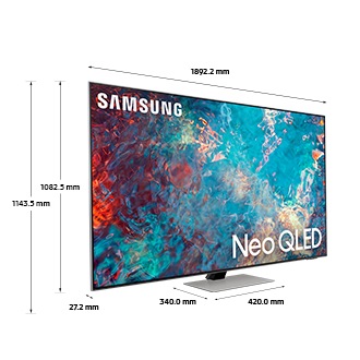 Dimension of Samsung QLED TV(1892.2 x 1143.5 x 340.0 mm) QN85A with black silver stand