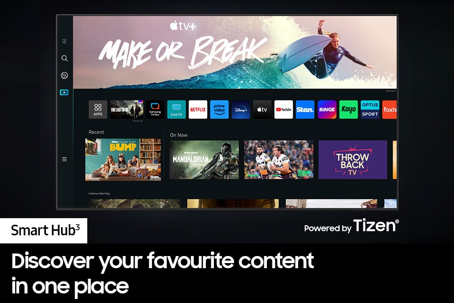 Neo QLED TV QN85C with The new Smart Hub UI shows a wide variety of app services and content.