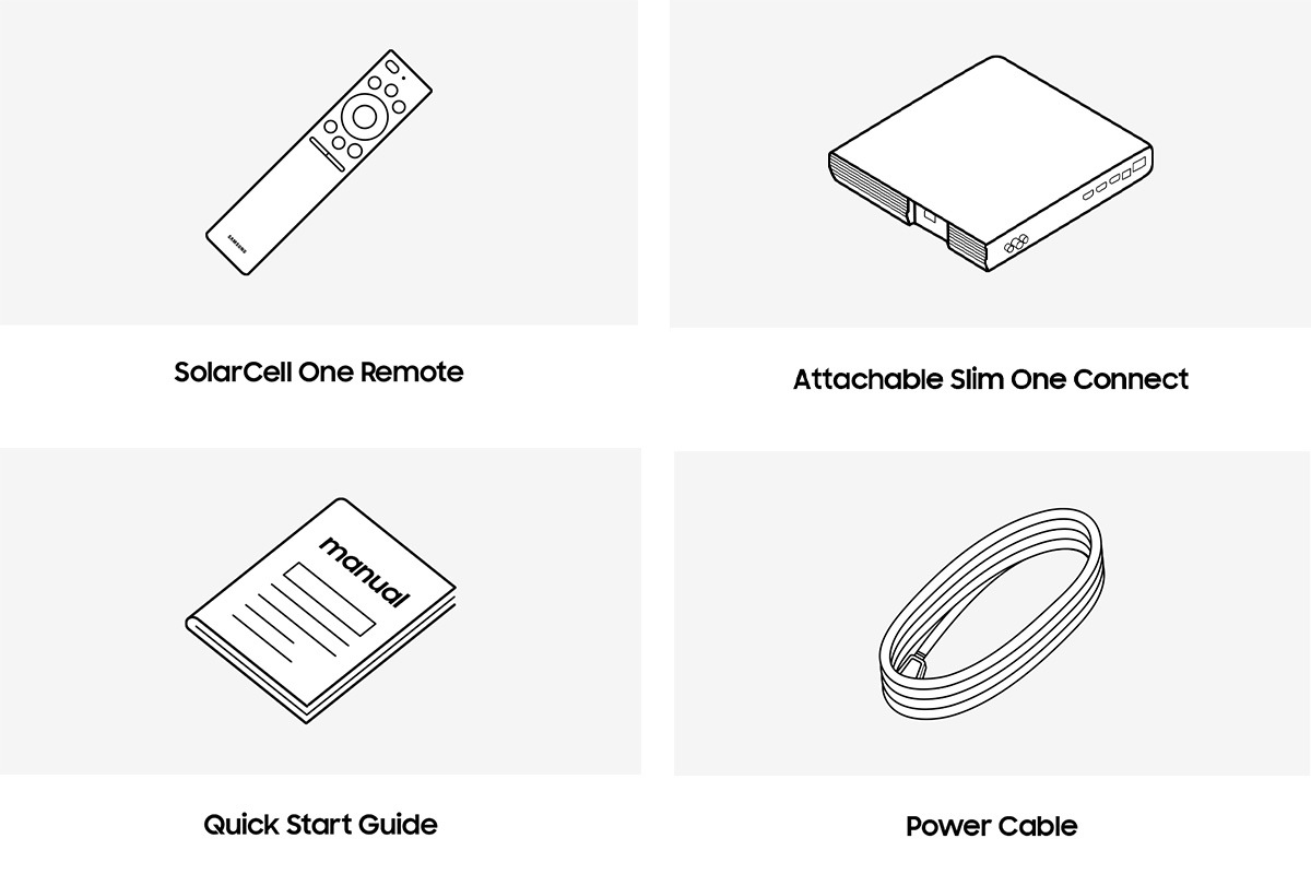 Samsung 2023 Neo QLED QN900c box contains remote control, batteries, power cable, and manual.