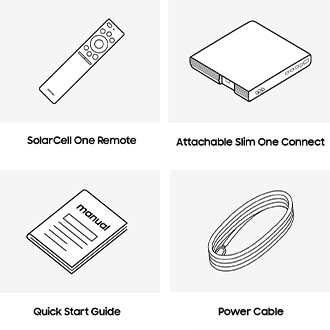 Samsung 2023 Neo QLED QN900c box contains remote control, batteries, power cable, and manual.