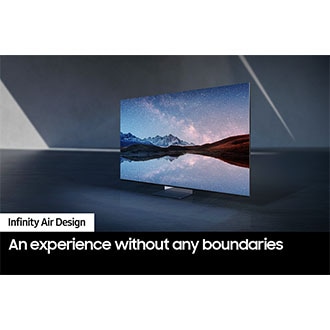 QN900D's Infinity Air Design shows the screen and stand with a scenic mountain range displayed.