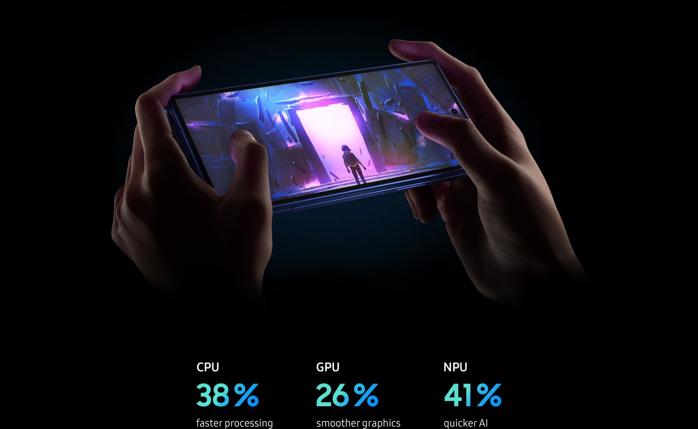Galaxy Z Fold7 is seen folded and being held horizontally like a game console. HoYoverse is being played, and gaming is immersive thanks to our powerful processor with optimised Vulkan and ray tracing. The game then transforms to show the chip board inside the device.