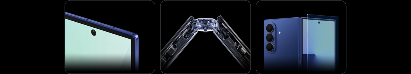 Close up of Galaxy Z Fold7's tough aluminum frame. Close up of Galaxy Z Fold7 slightly folded from the side in an x-ray style to show what the mechanics of the Armor FlexHinge look like inside of the device. Galaxy Z Fold7 is seen mostly unfolded from the rear. A layer of protective glass hovers over the cover screen.