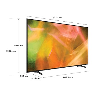 Dimension of Samsung Crystal UHD TV(965.5 x 599.8 x 205.6 mm) AU8000 with silver feet stand