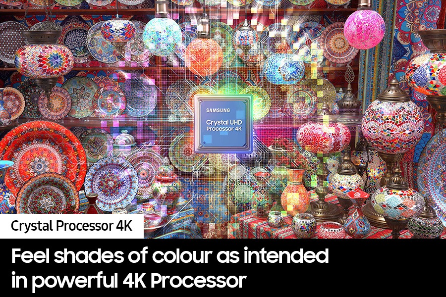 The Samsung Crystal UHD Processor 4K chip is on display in the middle, with colourful plates and ornaments.