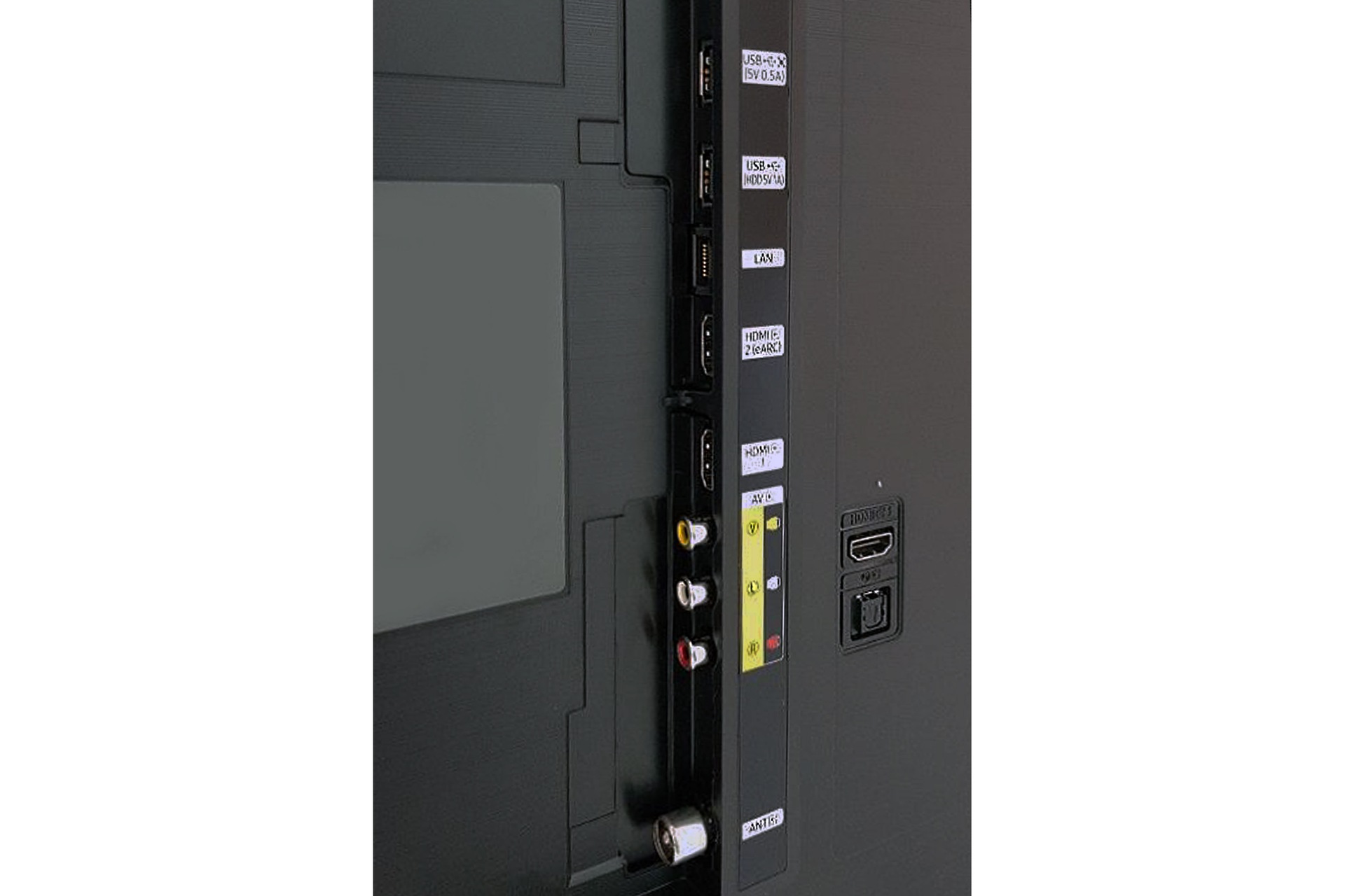 Samsung 2021 UHD AU8000 has USB, HDMI, LAN, antenna ports and etc. on the side and on the rear.