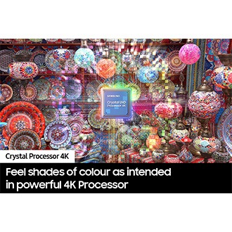 The Samsung Crystal UHD Processor 4K chip is on display in the middle, with colourful plates and ornaments.