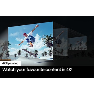 Layered screens depict 4K Upscaling at work and the front of scene is upscaled to great clarity.