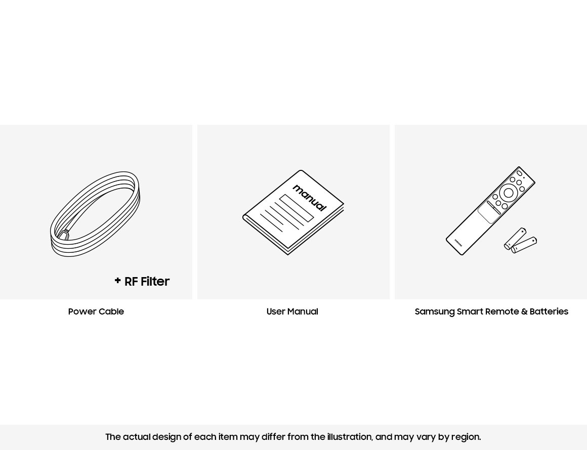 Samsung 2021 QLED QN85A box contains remote control, cable, and manual.