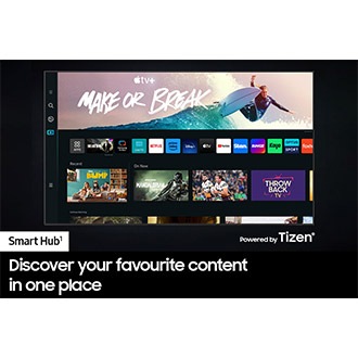 Crystal UHD TV CU8000 with The new Smart Hub UI shows a wide variety of app services and content.