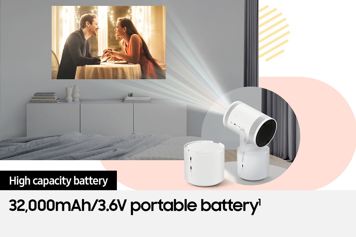 The Freestyle is projecting an image on the wall in a bedroom. Close ups of The Freestyle with the Battery Base and the Battery Base are shown.