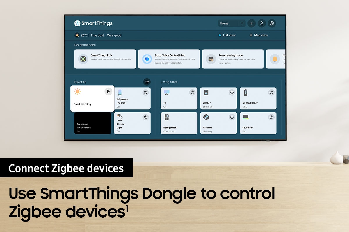 The SmartThings Dongle UI is on display to show all devices that make up a connected home.