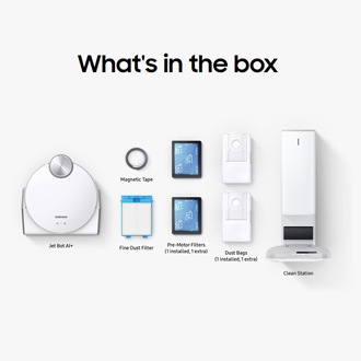 VR50T95735W/SA  Bespoke Jet AI + Robot Vacuum. What's in the box, fine dust filter, clean station, dust bags, pre-motor filter, magnetic tape