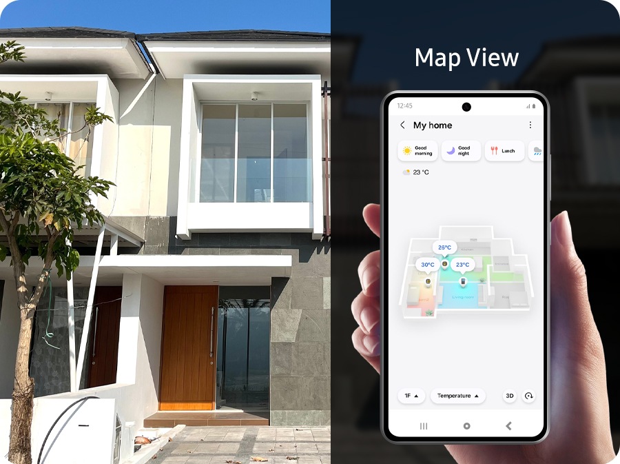 Evdən kənarda smartfon evin 3D xəritəsini göstərən SmartThings-in 'Map View' vasitəsilə interyerə nəzarət etmək üçün istifadə olunur.