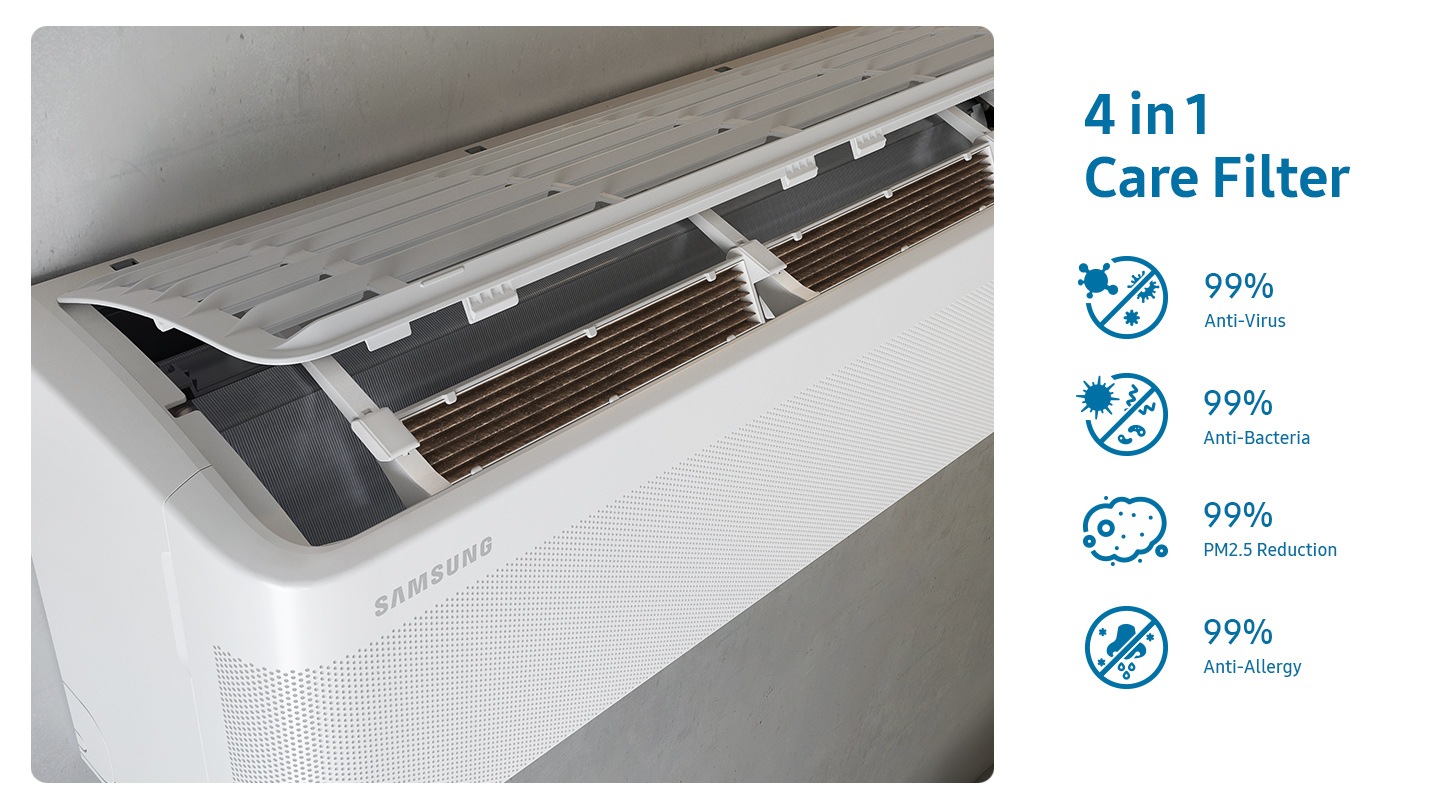 Kondisionerin içərisində 4-ü 1-də Baxım Filtrini göstərir. Nişanlar onun virusları, bakteriyaları, PM2.5 tozunu və allergenləri 99% təmizlədiyini göstərir.