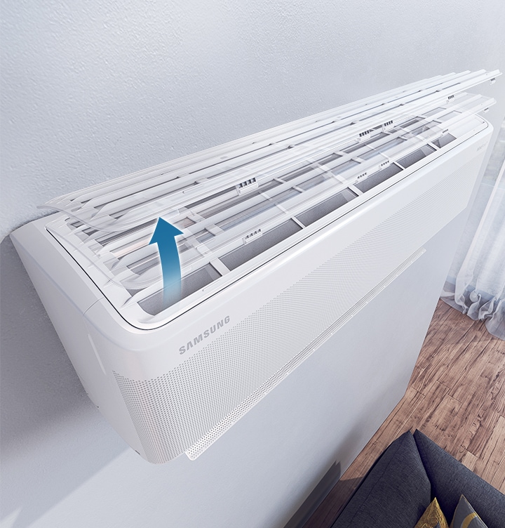 Easy Filter Plus-ın təmizlənə bilməsi üçün kondisionerin qapağını yuxarı qaldıraraq asanlıqla çıxarıla biləcəyini göstərir.