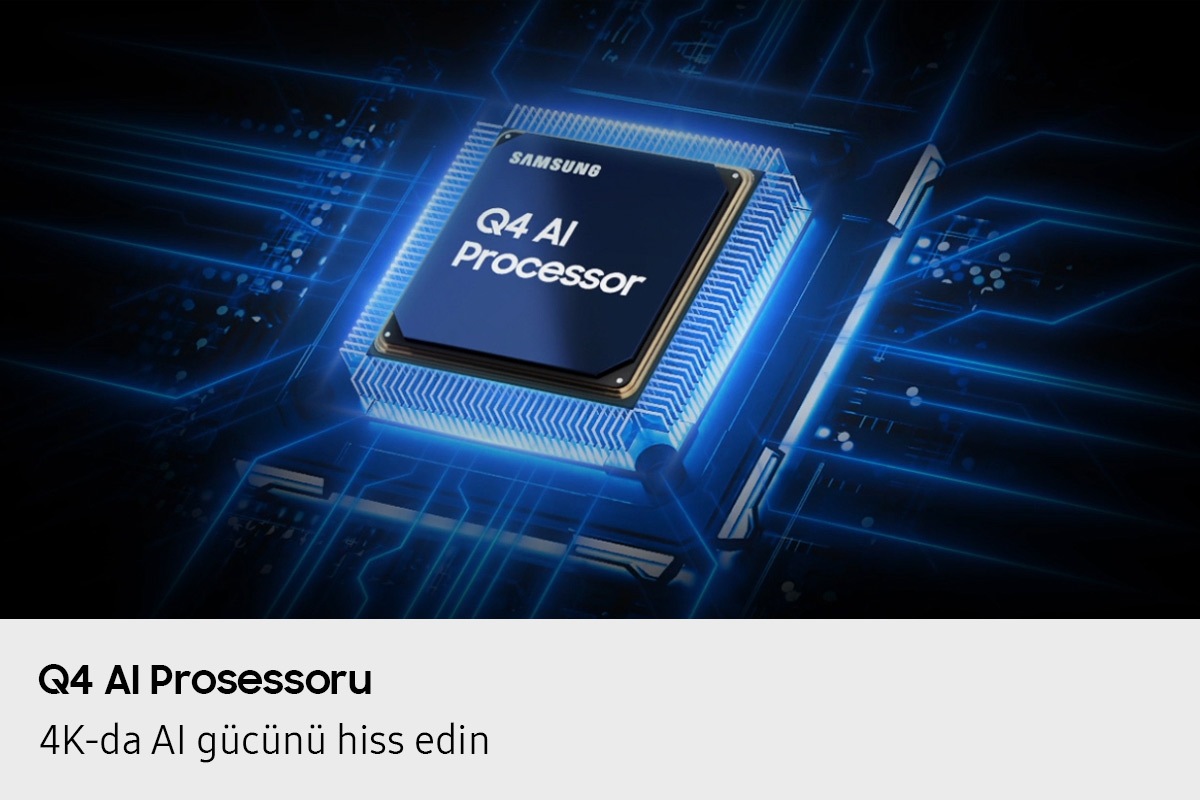 Samsung Q4 AI Processor çipi televizorun əsas lövhəsinə endirilir və çipdən televizorun qalan hissəsinə güc dalğaları ilə işıqlanır.
