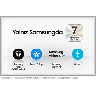 Samsung TV-lərinin Samsung Knox Security, SmartThings, Samsung Vision AI və Design üçün bir sıra nişanlarda verilməsinin səbəbləri. Əlavə gümüş nişan həmçinin Samsung televizorları üçün başqa bir üstünlük olan 7 illik pulsuz əməliyyat sistemi yeniləmələrini də göstərir.
