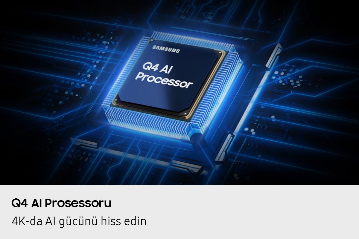 Samsung Q4 AI Processor çipi televizorun əsas lövhəsinə endirilir və çipdən televizorun qalan hissəsinə güc dalğaları ilə işıqlanır.