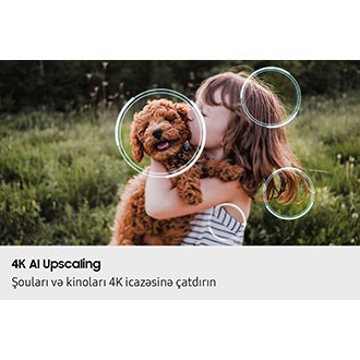 Balaca qızın balasını öpməsi. Şəkildə Samsung NQ4 AI Gen2 prosessoru görünür və qızın saçları, paltarları və bala üzü də daxil olmaqla bir neçə detalı daha da gözəlləşdirir. Nəticədə Mini LED ilə incə detalların göründüyü daha kəskin bir görüntü əldə edilir.