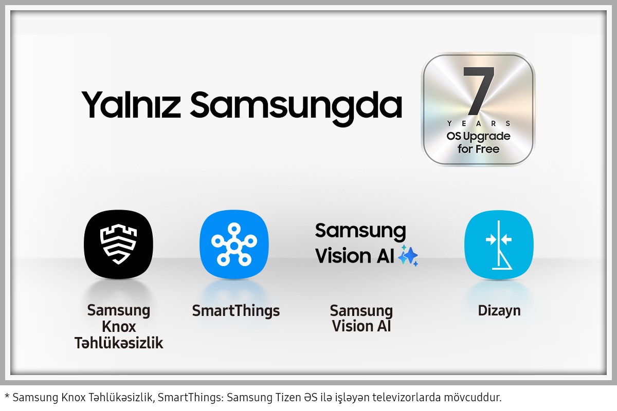 Samsung TV-lərinin Samsung Knox Security, SmartThings, Samsung Vision AI və Design üçün bir sıra nişanlarda verilməsinin səbəbləri. Əlavə gümüş nişan həmçinin Samsung televizorları üçün başqa bir üstünlük olan 7 illik pulsuz əməliyyat sistemi yeniləmələrini də göstərir.