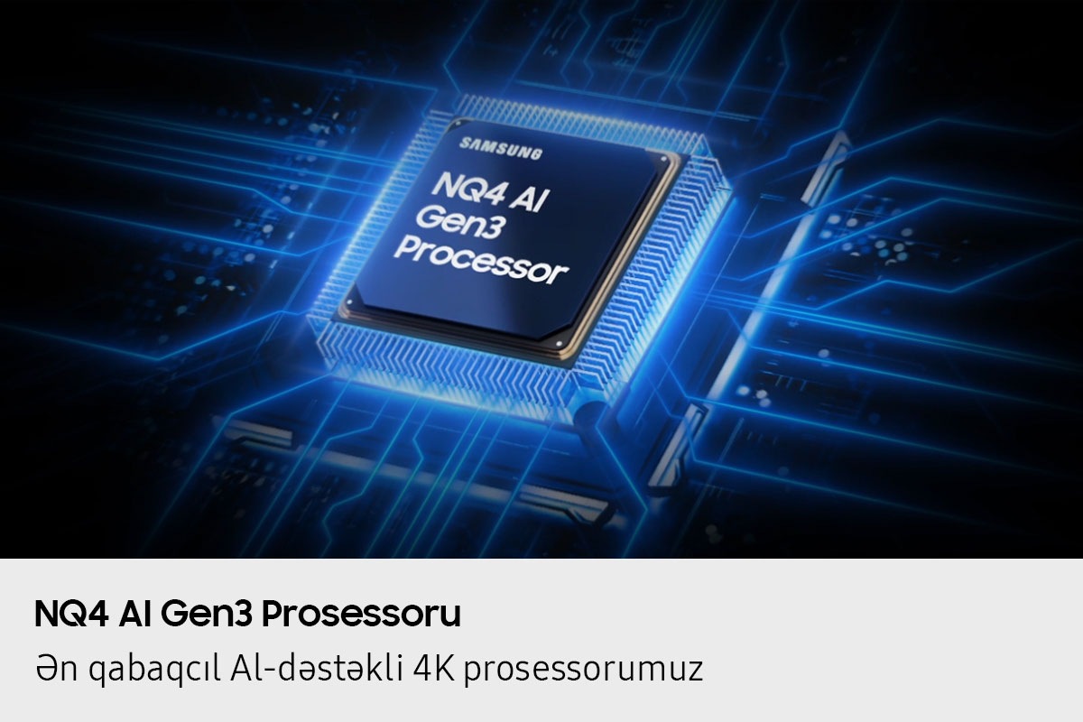 Samsung NQ4 AI Gen3 prosessor çipi televizorun əsas lövhəsinə enir və çipdən televizorun qalan hissəsinə güc dalğaları ilə işıqlanır.