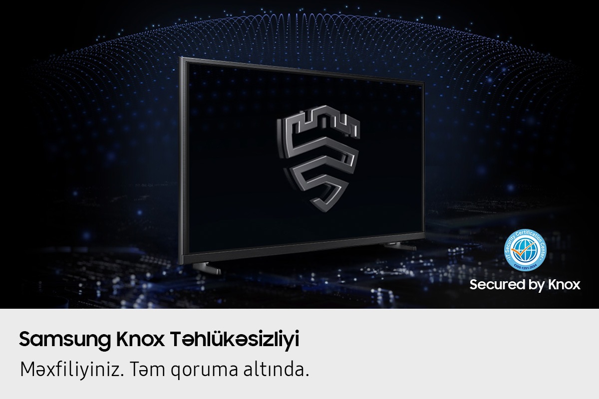 Çoxqatlı təhlükəsizlik həlli, Knox tərəfindən qorunan televizorun arxasında günbəz şəkilli bir korpus yaratmaqdır. Ekranda Samsung Knox emblemi var. Üst tərəfdə "Məxfiliyiniz. Təhlükəsizdir. Yalnız Samsung TV-də" yazısı göstərilir.