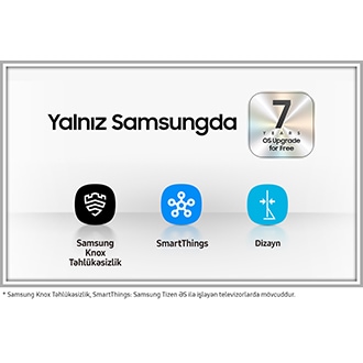 Samsung TV-lərinin Samsung Knox Security, SmartThings və Design üçün bir sıra nişanlarda verilməsinin səbəbləri. Əlavə gümüş nişan həmçinin Samsung televizorları üçün başqa bir üstünlük olan 7 illik pulsuz əməliyyat sistemi yeniləmələrini də göstərir.