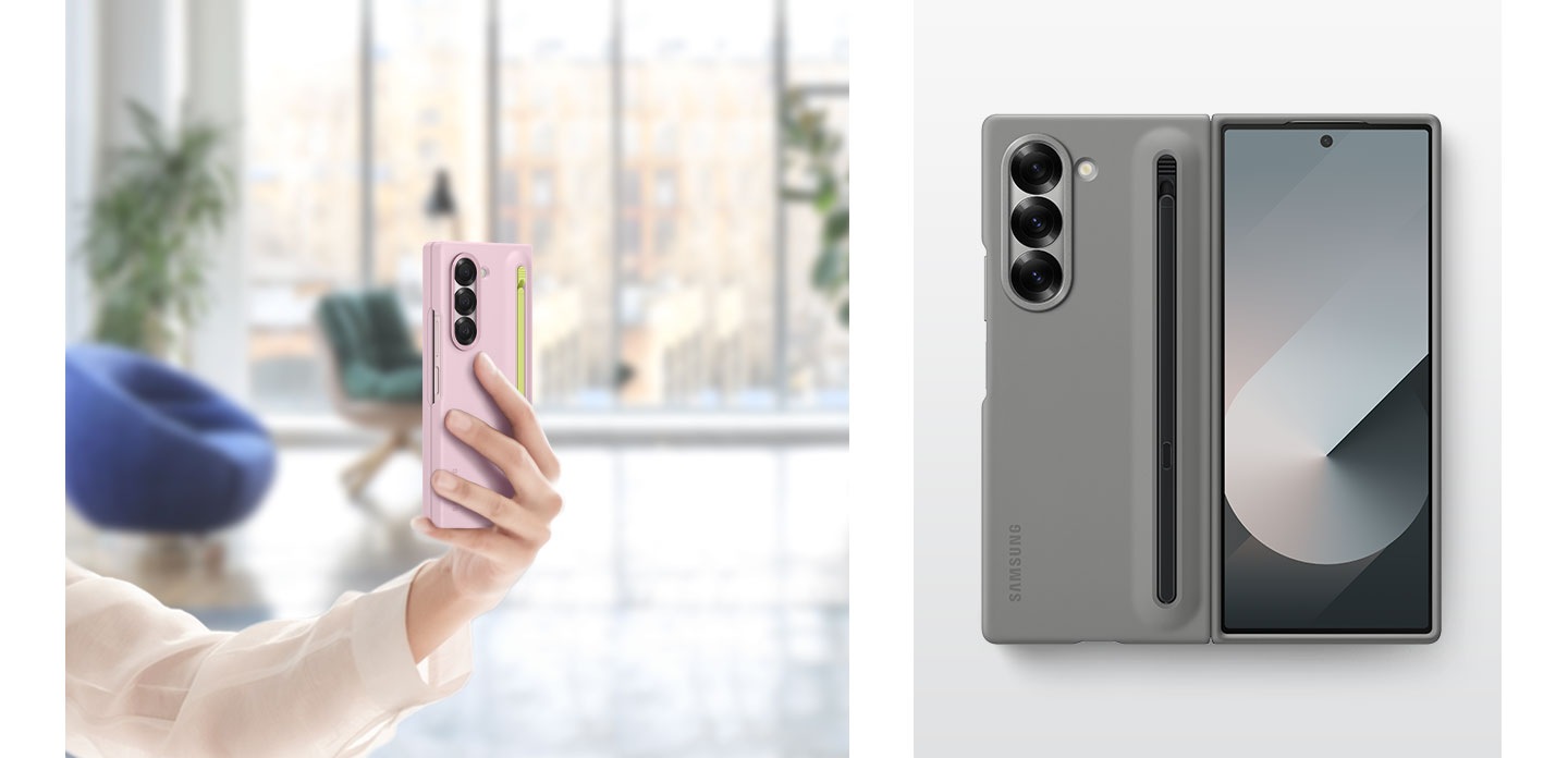 The left one is of a hand comfortably holding up a folded Galaxy Z Fold6 in a pink-colored S Pen Case against a background of a well-lit luxurious home. The right one is a top shot of the Galaxy Z Fold6 in a gray-colored S Pen Case, fully unfolded, showcasing the premium fit of the case on the phone.