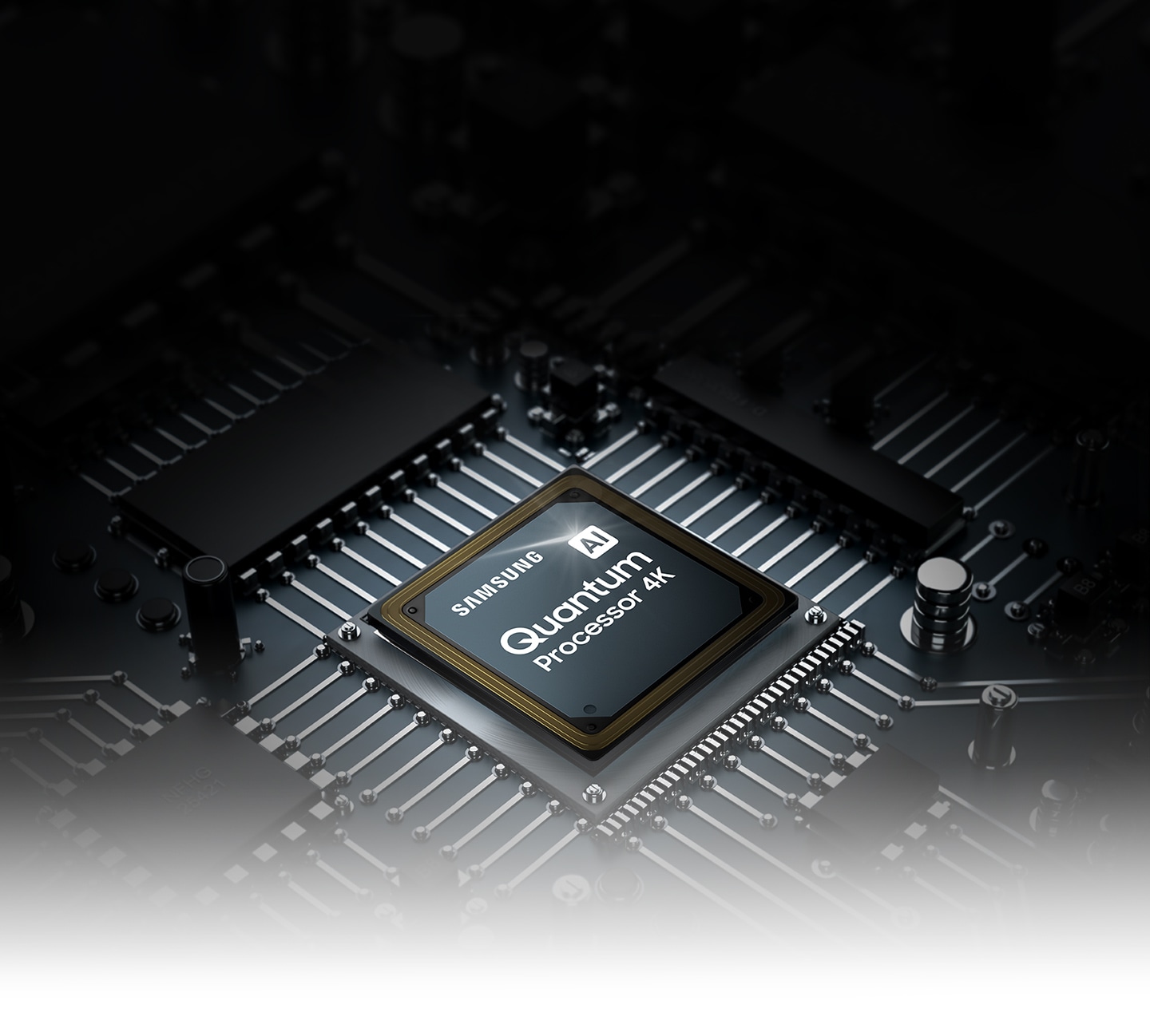 Prikazan je QLED TV procesorski čip. Na vrhu se mogu vidjeti Samsung logotip, kao i logotip AI Quantum Processor 4K.