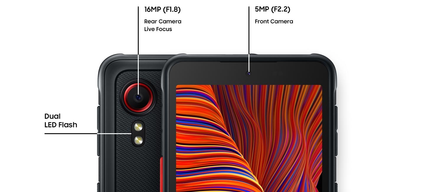 Dva Galaxy XCover 5 u crnoj boji stoje jedan do drugog, blago se preklapaju, jedan gledano sa stražnje strane i jedan sprijeda. Ona koja se vidi sa stražnje strane prikazuje stražnju kameru od F1,8 od 16 MP (fokus uživo) i dvostruki LED blic. S druge prednje strane prikazana je prednja kamera F2.2 od 5 MP.