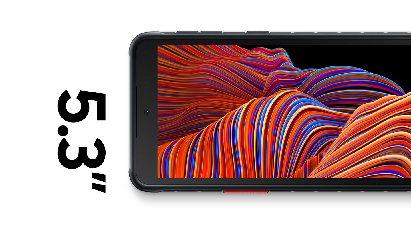 Prednji pogled na Galaxy XCover 5 sa narandžastim linijskim grafičkim ekranom leži. Lažljivo slovo 5,3 "što znači da se inč ekrana nalazi s lijeve strane.