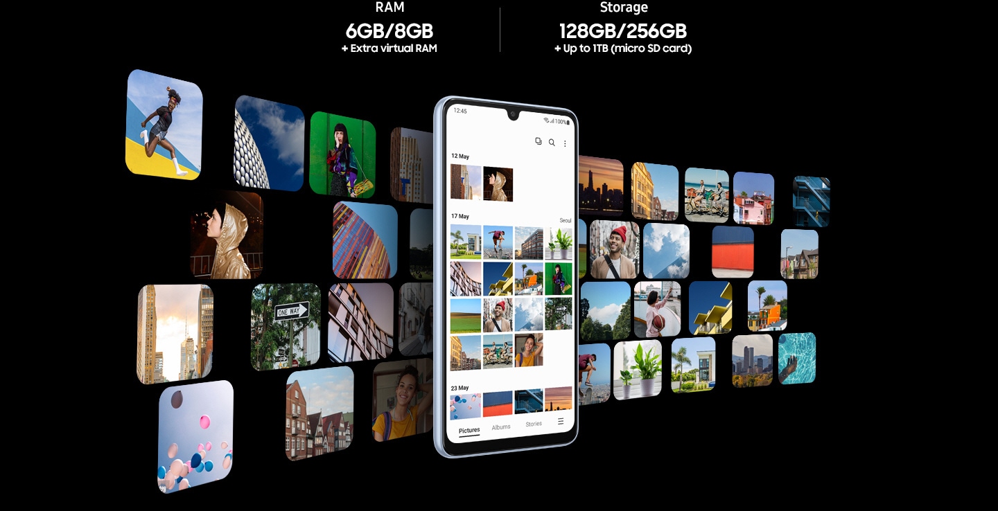 Galaxy A33 5G sa aplikacijom Galerija na ekranu je u centru. Brojne slike su raspoređene u pozadini, što predstavlja da korisnici mogu pohraniti svoje slike i video zapise u prostrano skladište Galaxy A33. Tekst glasi RAM 6G/8GB +dodatna virtuelna RAM memorija i skladište 128/256GB +do 1TB (Micro SD kartica).