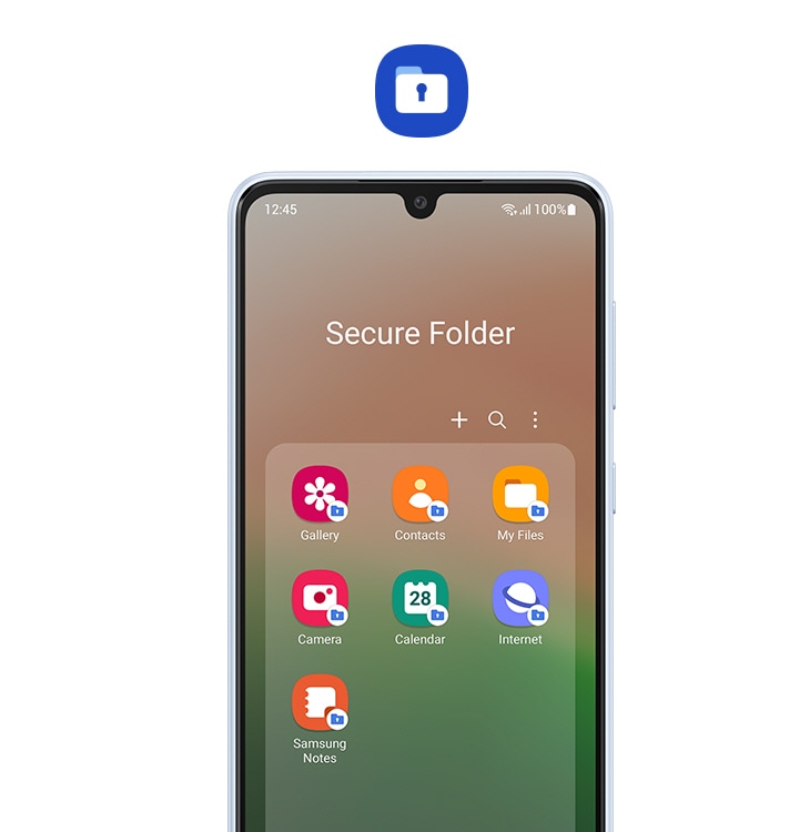 Galaxy A33 5G gledan sprijeda prikazuje aplikacije unutar Sigurnog foldera, uključujući Galeriju, Kontakte, Moje datoteke i još mnogo drugih. Svaka ikonica aplikacije ima malu ikonicu Sigurnog foldera koja je priključena s donje desne strane. Iznad pametnog telefona je veća ikonica Sigurnog foldera.